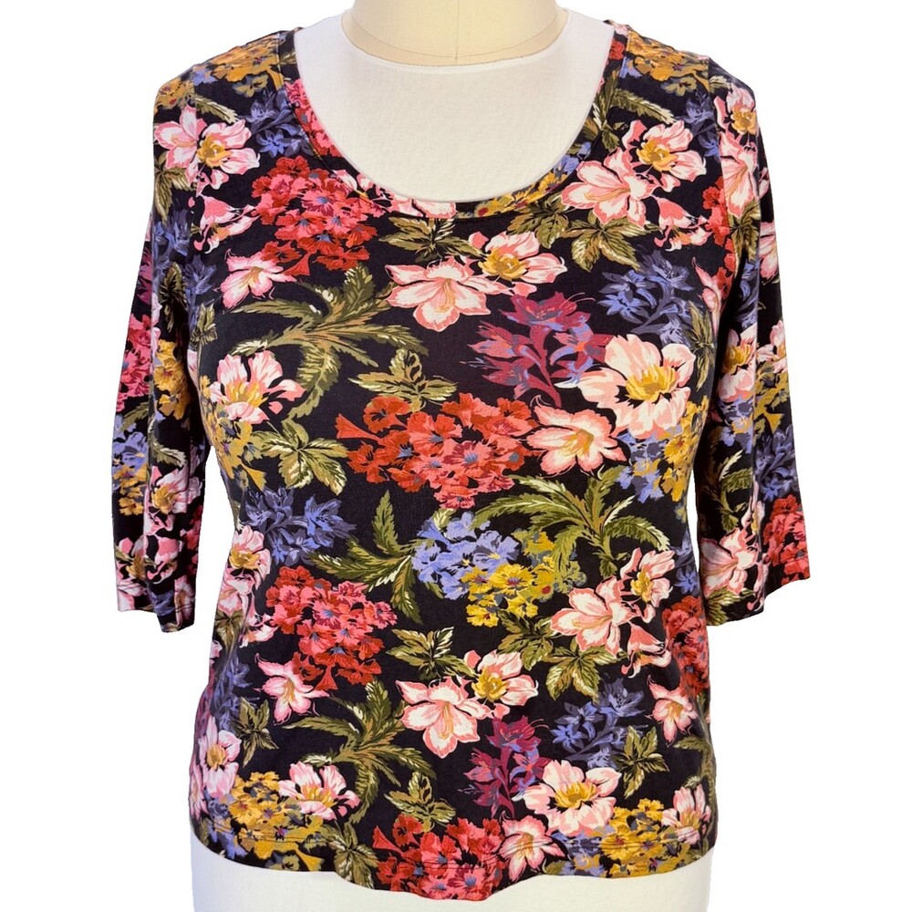 Soft Surroundings Knit Top Shirt Women's L Midnight Floral Scoop Neck 3/4 S